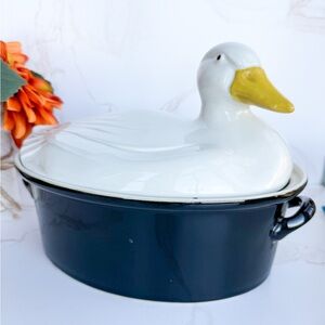 Vintage 1960s-70s Hall Pottery Carbone Black & White Duck Casserole - 2 Piece
